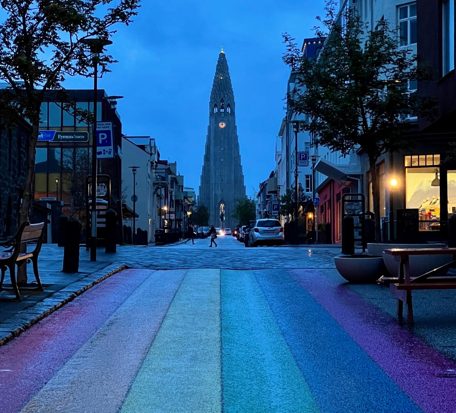 Rainbow street and Hallgrímskirkja church