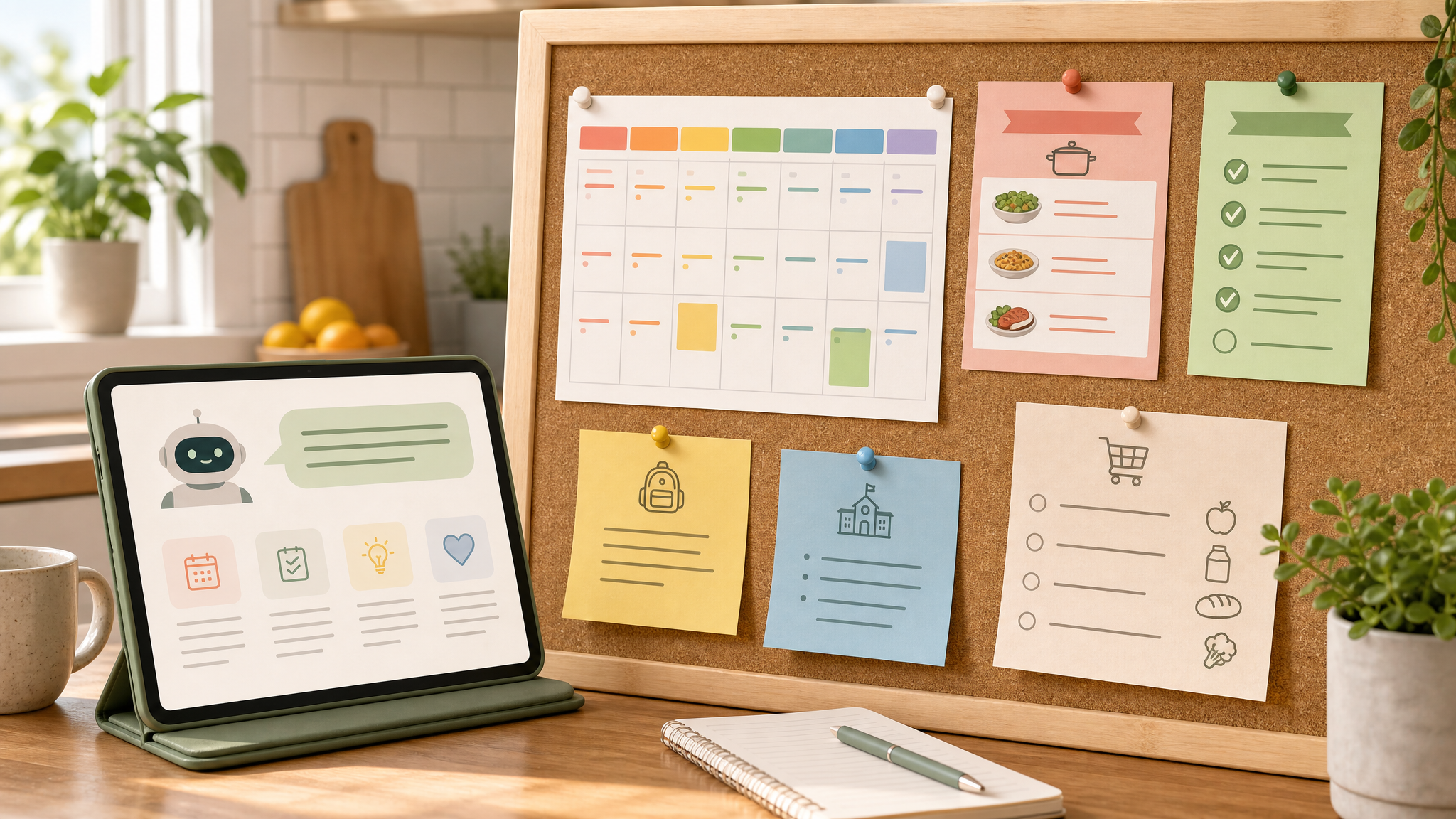 A simple family command center with calendar blocks, meal cards, chores, and school reminders