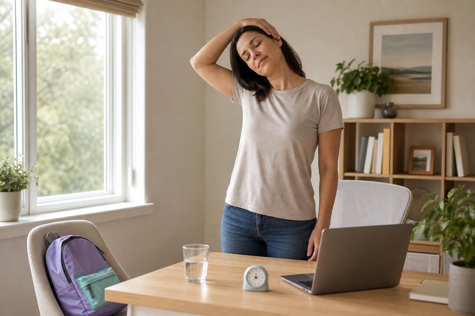 Parent standing beside a desk doing a gentle neck and shoulder stretch