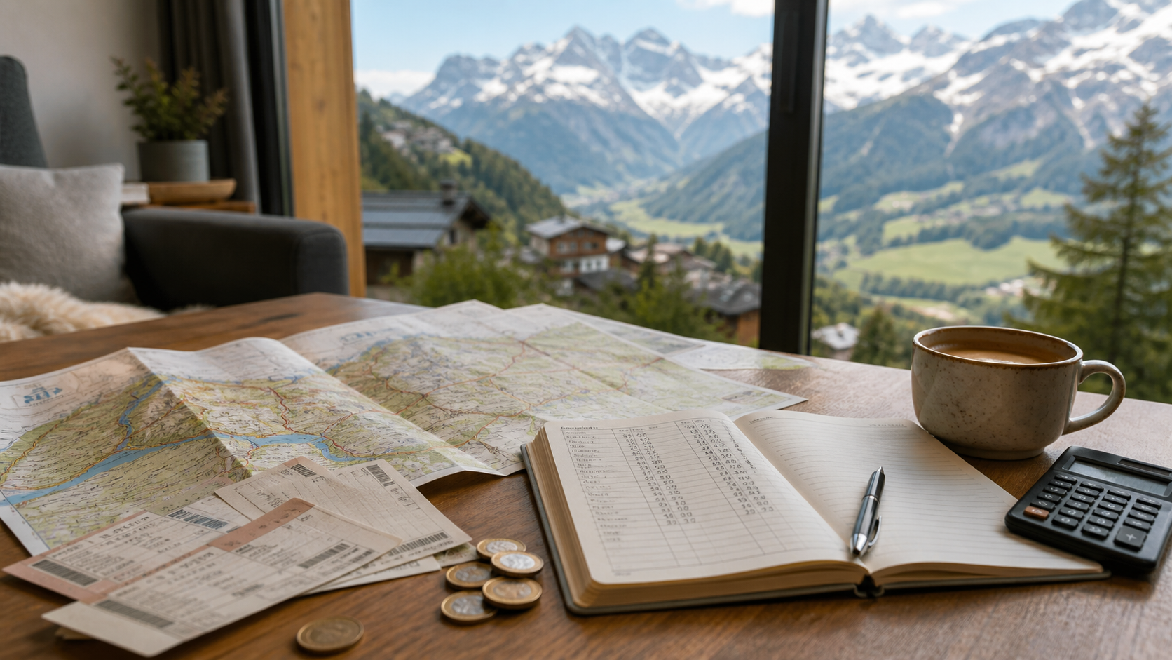 Travel planning setup for a Switzerland budget with map, tickets, notebook, and calculator